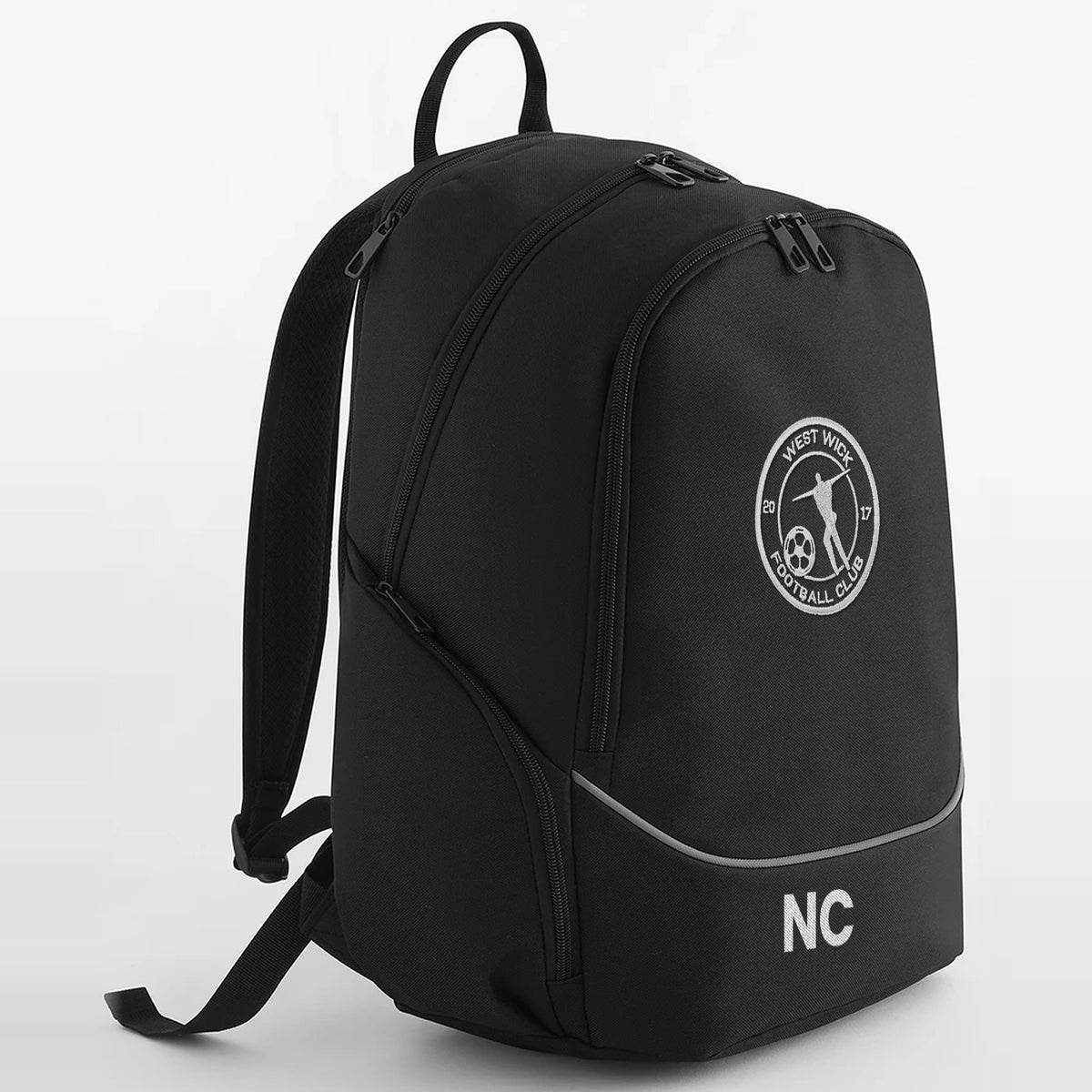 West Wick FC black backpack with embroidered crest and initials