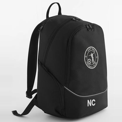 West Wick FC black backpack with embroidered crest and initials