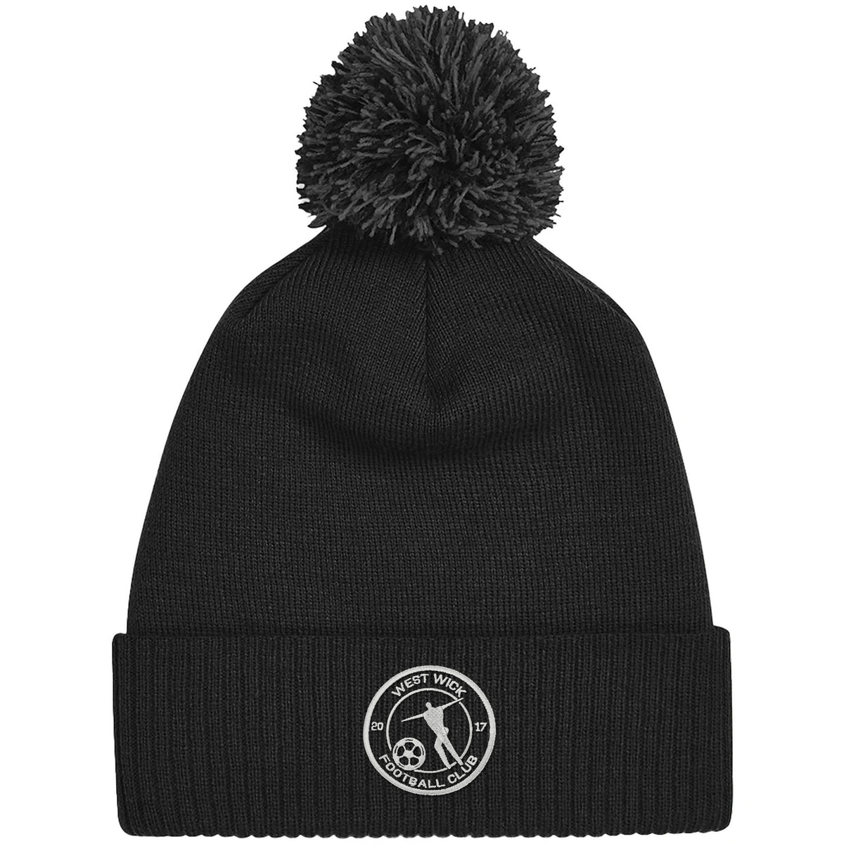 West Wick FC black bobble beanie with grey bobble and embroidered crest
