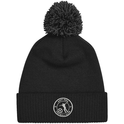 West Wick FC black bobble beanie with grey bobble and embroidered crest