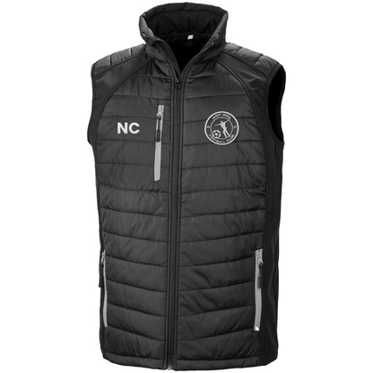 West Wick FC black padded gilet with grey zips, embroidered crest and initials