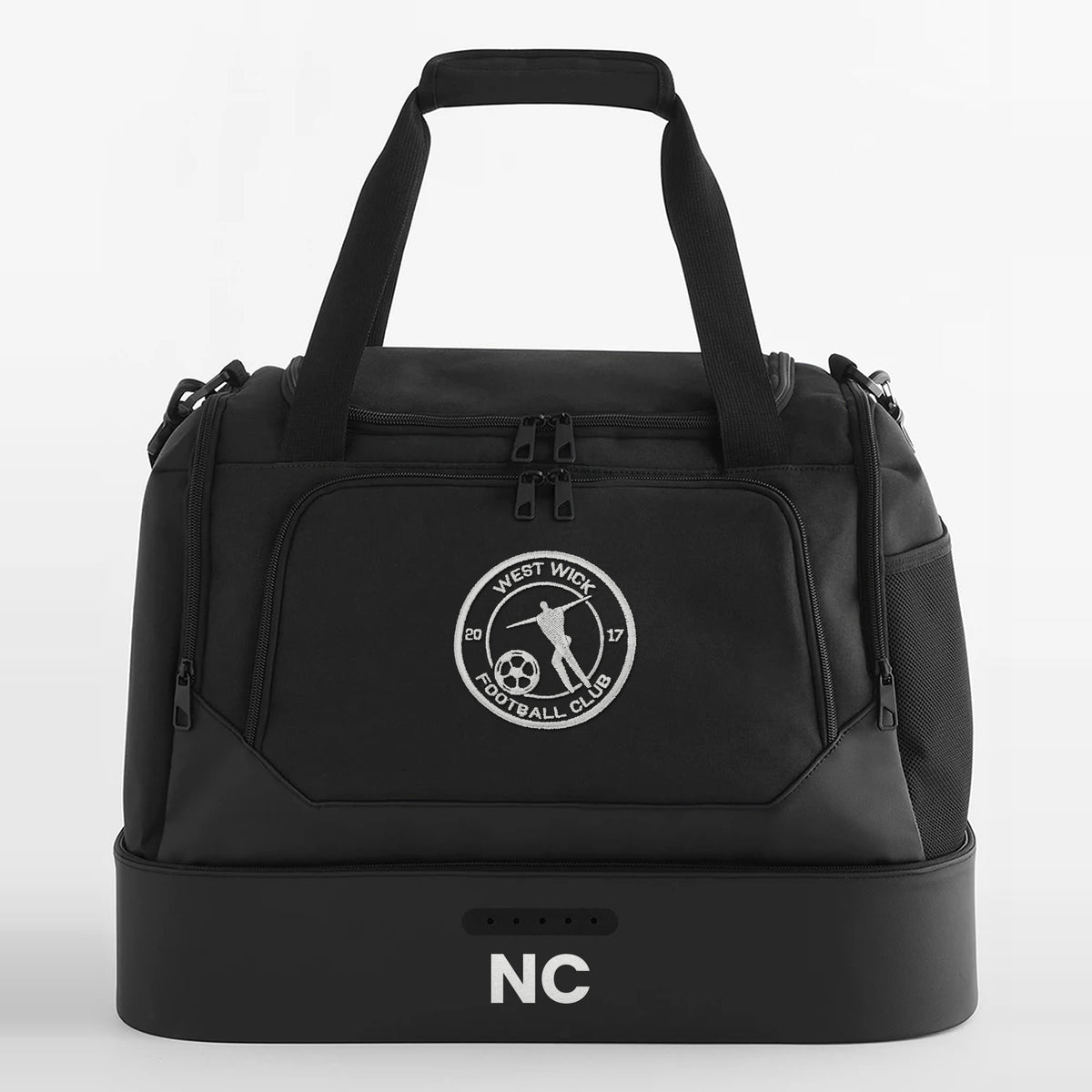 West Wick FC black kit bag with embroidered crest and initials
