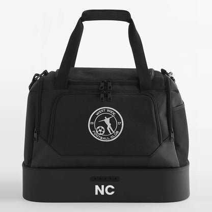West Wick FC black kit bag with embroidered crest and initials