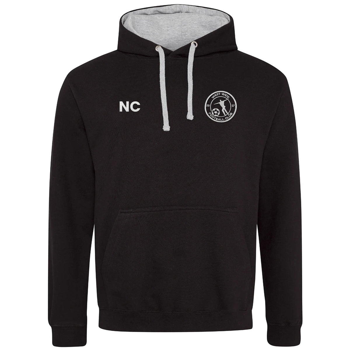 West Wick FC black hoodie with grey hood lining, embroidered crest and initials