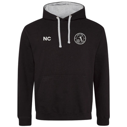 West Wick FC black hoodie with grey hood lining, embroidered crest and initials