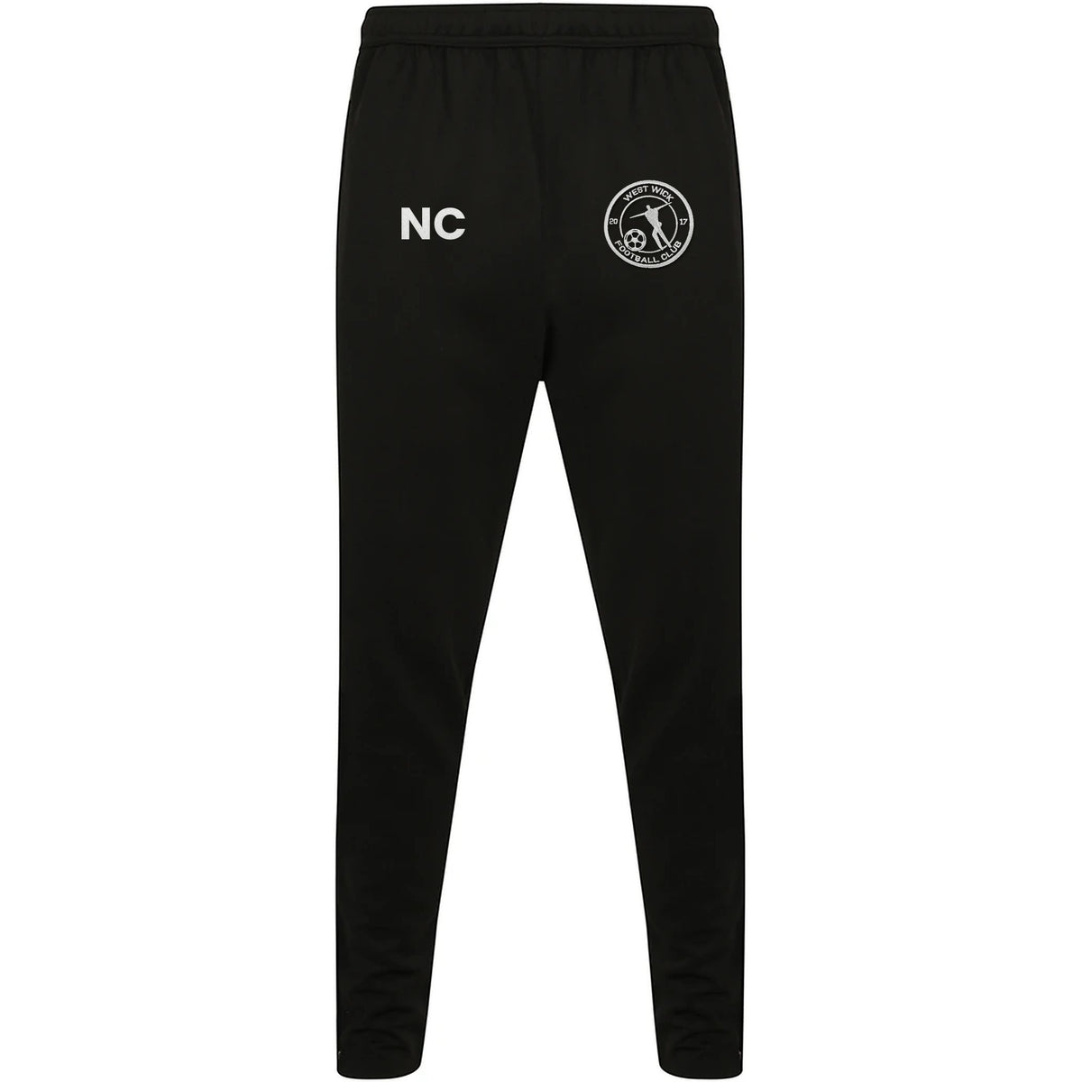 West Wick FC black joggers with embroidered crest and initials
