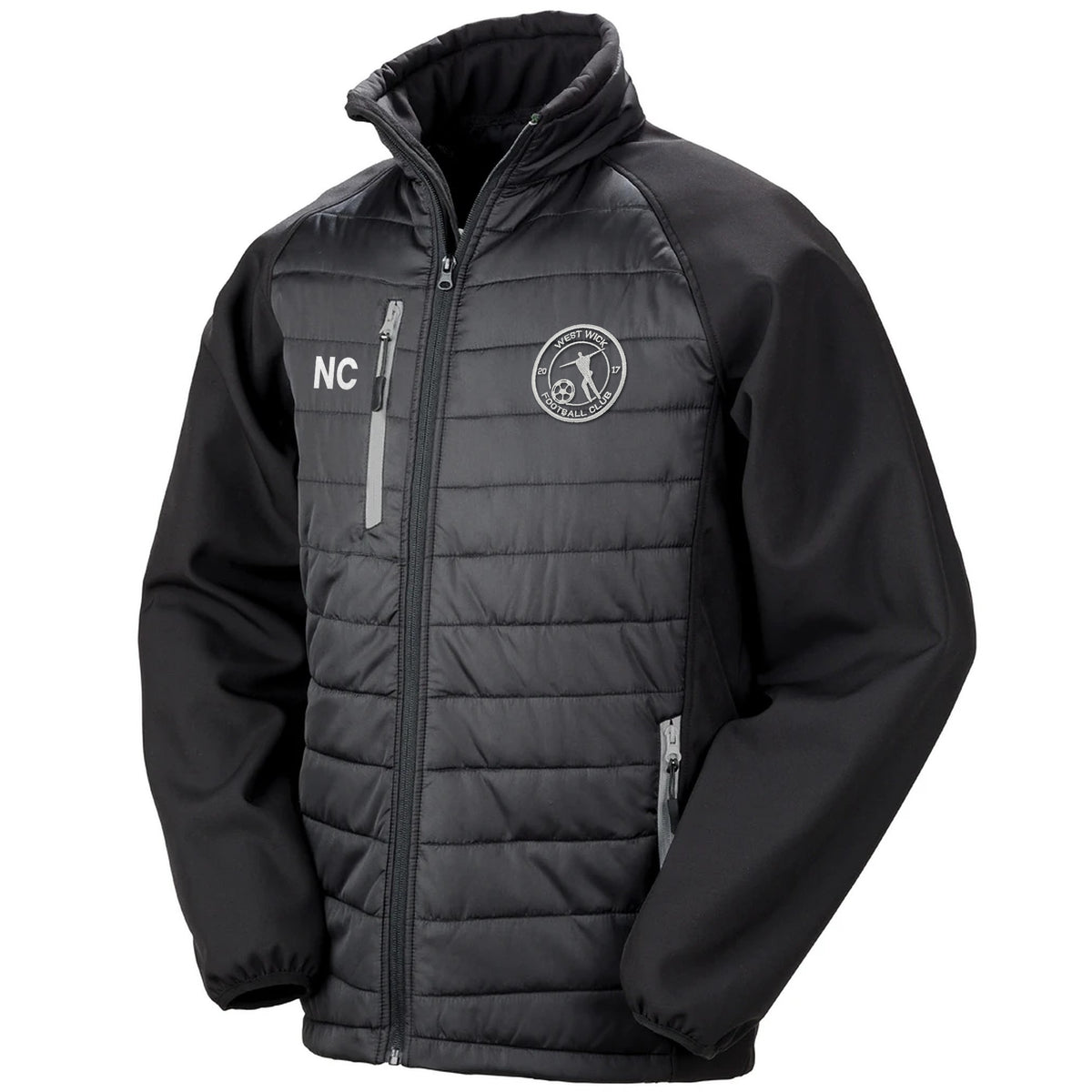 West Wick FC black padded jacket with grey zips, embroidered crest and initials