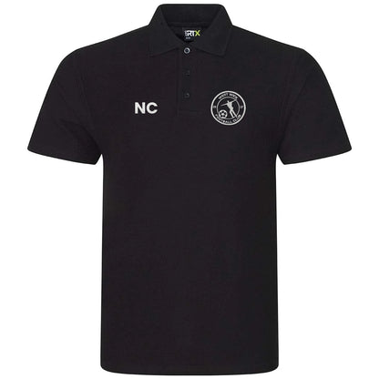 West Wick FC black polo with embroidered crest and initials