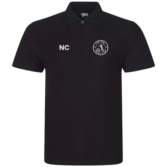 West Wick FC black polo with embroidered crest and initials