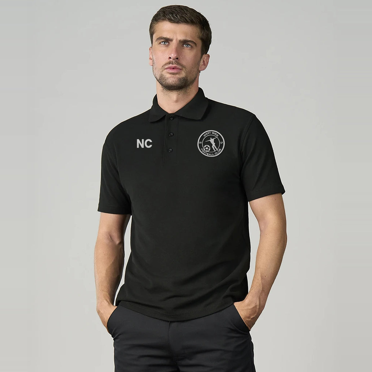 Model wearing the West Wick FC black polo