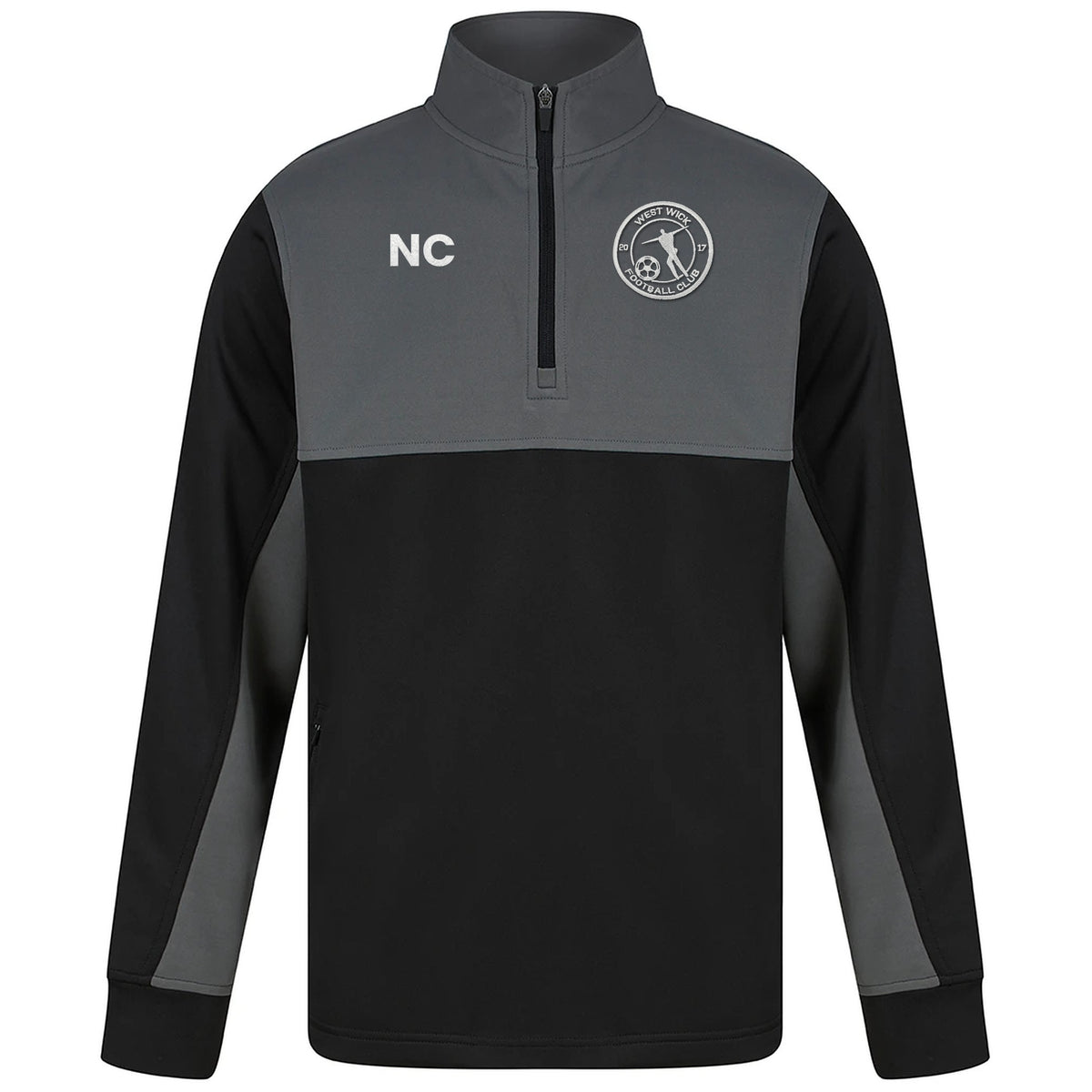 West Wick FC black and gunmetal quarter zip with embroidered crest and initials