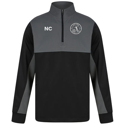 West Wick FC black and gunmetal quarter zip with embroidered crest and initials