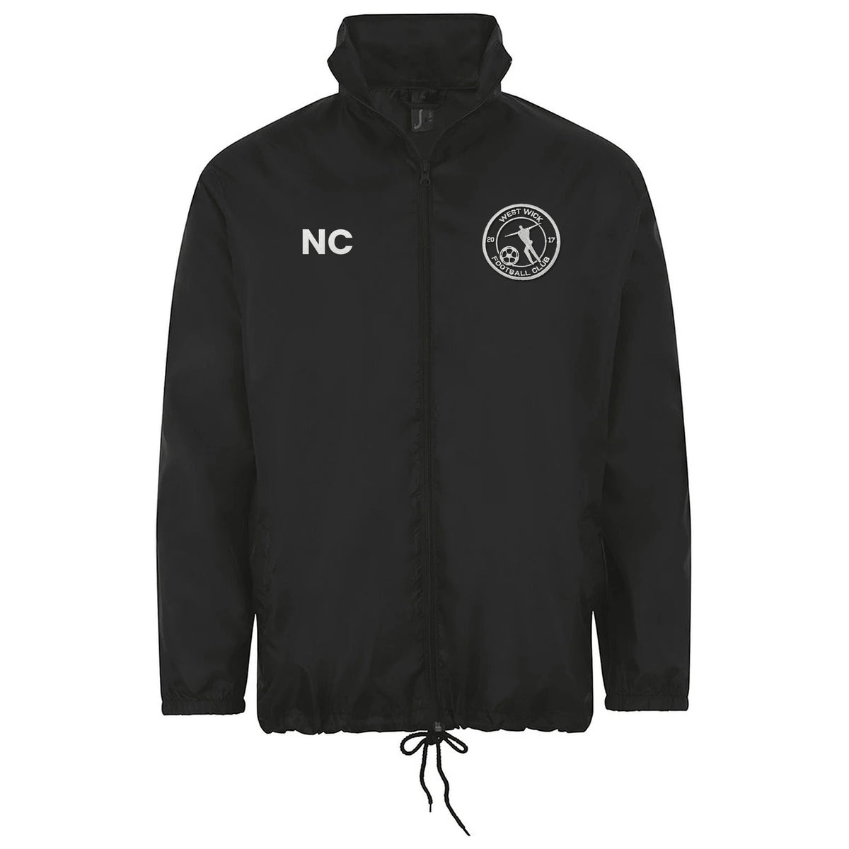 West Wick FC black rain jacket with embroidered crest and initials