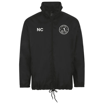 West Wick FC black rain jacket with embroidered crest and initials