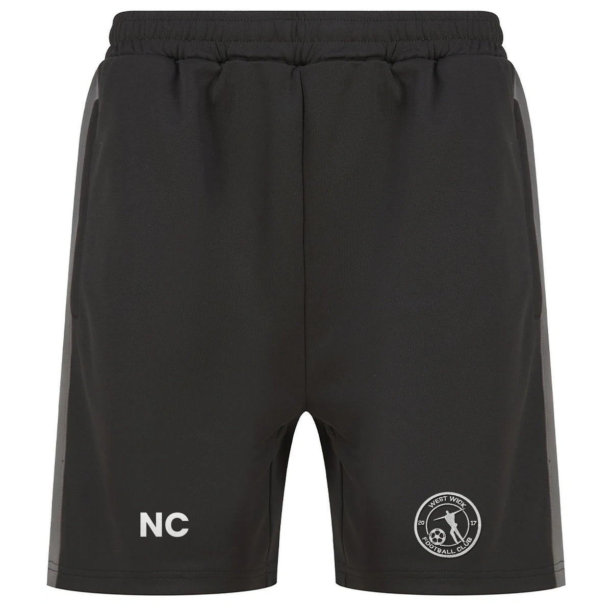 West Wick FC black training shorts with embroidered crest and initials