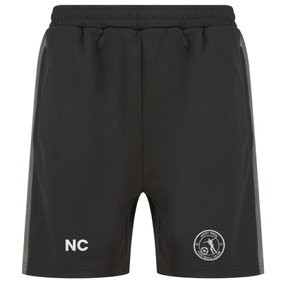 West Wick FC black training shorts with embroidered crest and initials