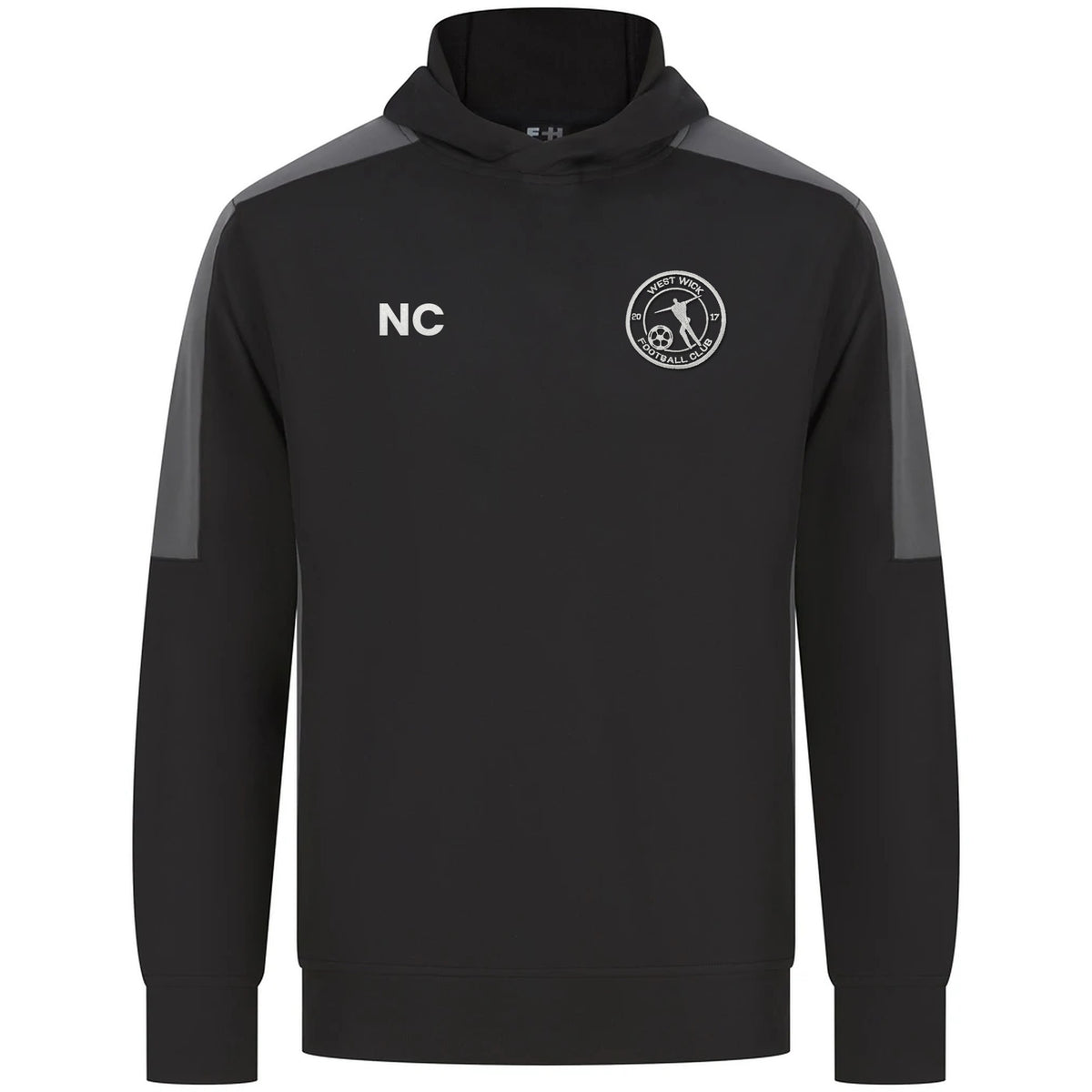 West Wick FC black and gunmetal training hoodie with embroidered crest and initials
