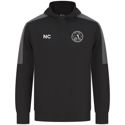 West Wick FC black and gunmetal training hoodie with embroidered crest and initials