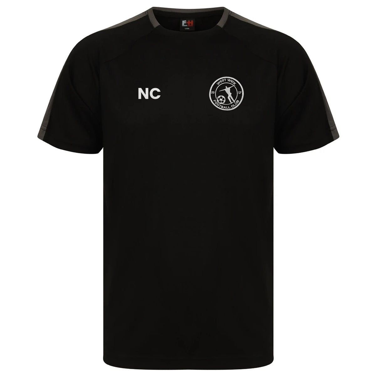 West Wick FC black and gunmetal training tee with embroidered crest and initials
